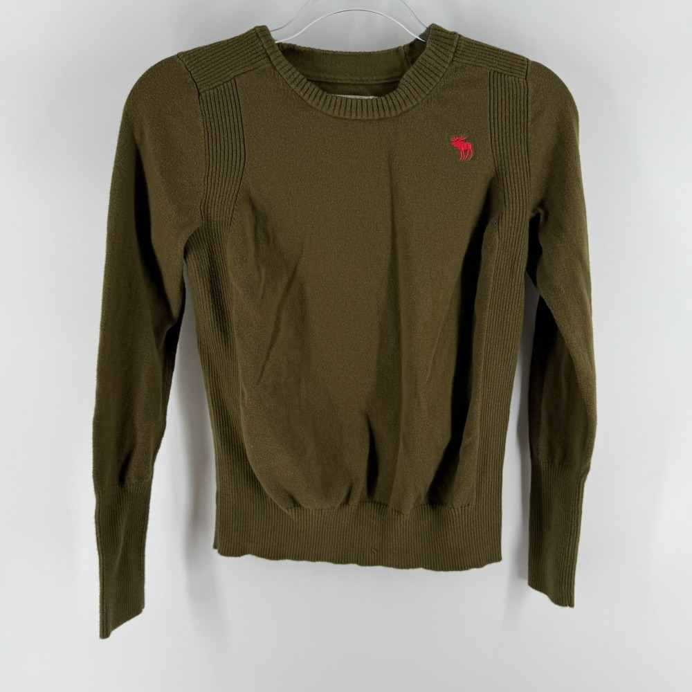 Abercrombie & Fitch Sweater Women Small Olive Green Tight Knit Moose Logo Ribbed